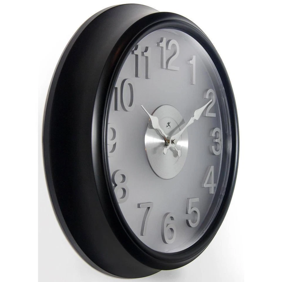 Wall Clock Black Case Round Bold Modern Glass Lens Silver Face Quartz Movement - Image 2 of 4