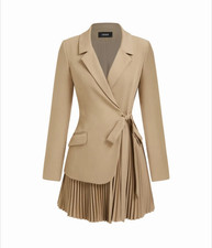 CIDER Beige Blazer Dress S Collared Long Sleeve Pleated Tie Waist Short