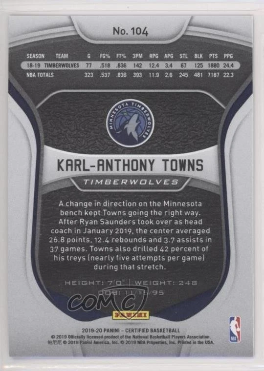 2019-20 Certified Mirror Blue Karl-Anthony Towns #104 - Image 2 of 2