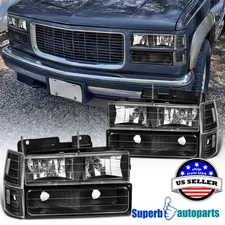 Fits 94-98 GMC C10 C/K Sierra Black Headlights+Bumper Corner Light Pair