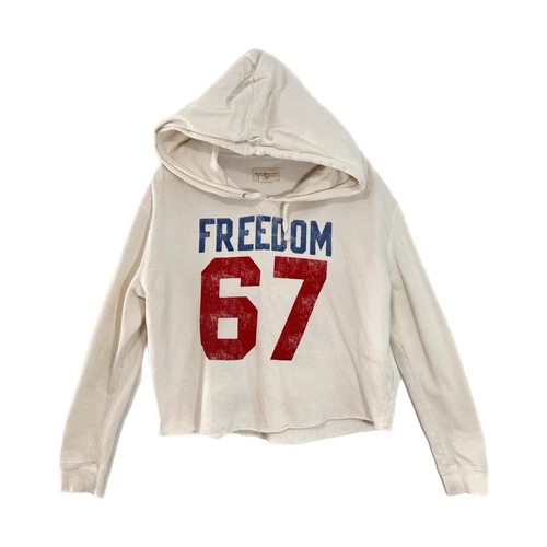 OFF WHITE Felpa con cappuccio Ralph Lauren D&S grafica ritagliata "Freedom" GRANDE panna RARA Costal