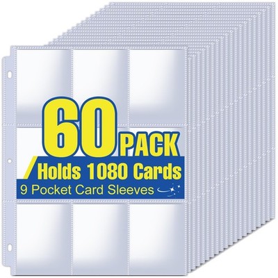 1080 Pockets Card Sleeves Binder Sheets, 9 Pocket 60 Pack, Clear 