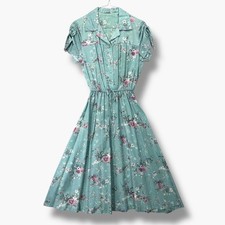 Vintage Womens Shirt Dress 13 S/M Green Floral Short Sleeve A-Line 70s Cottage