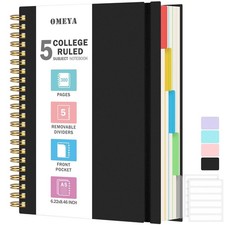 5 Subject Notebooks College Ruled, Spiral Lined Notebook with Removable Divid...