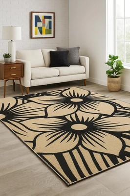 Handgetufteter Blumenteppich - Schwarz & Beige Wollteppich