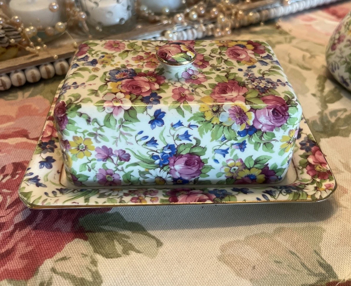 🌷RARE Royal Winton England Summertime Chintz COVERED BUTTER DISH Grimwades