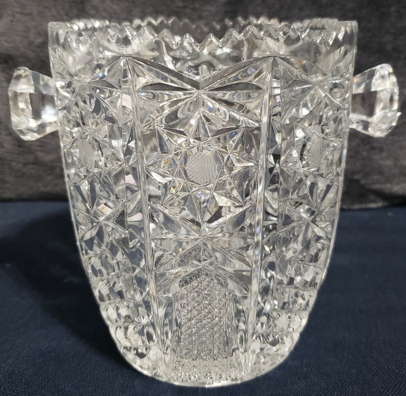 Cut Crystal Ice Bucket With Handles & Scalloped Saw-toothed Rim 5 1/2" Tall