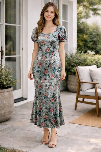 Mable Lunetta Floral Velvet Maxi Dress Puff Sleeve Cottagecore Romantic