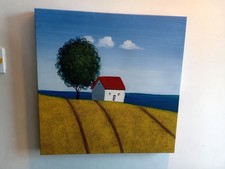 Village Summer Landscape Original Painting - Golden Field & Ocean Tree and House