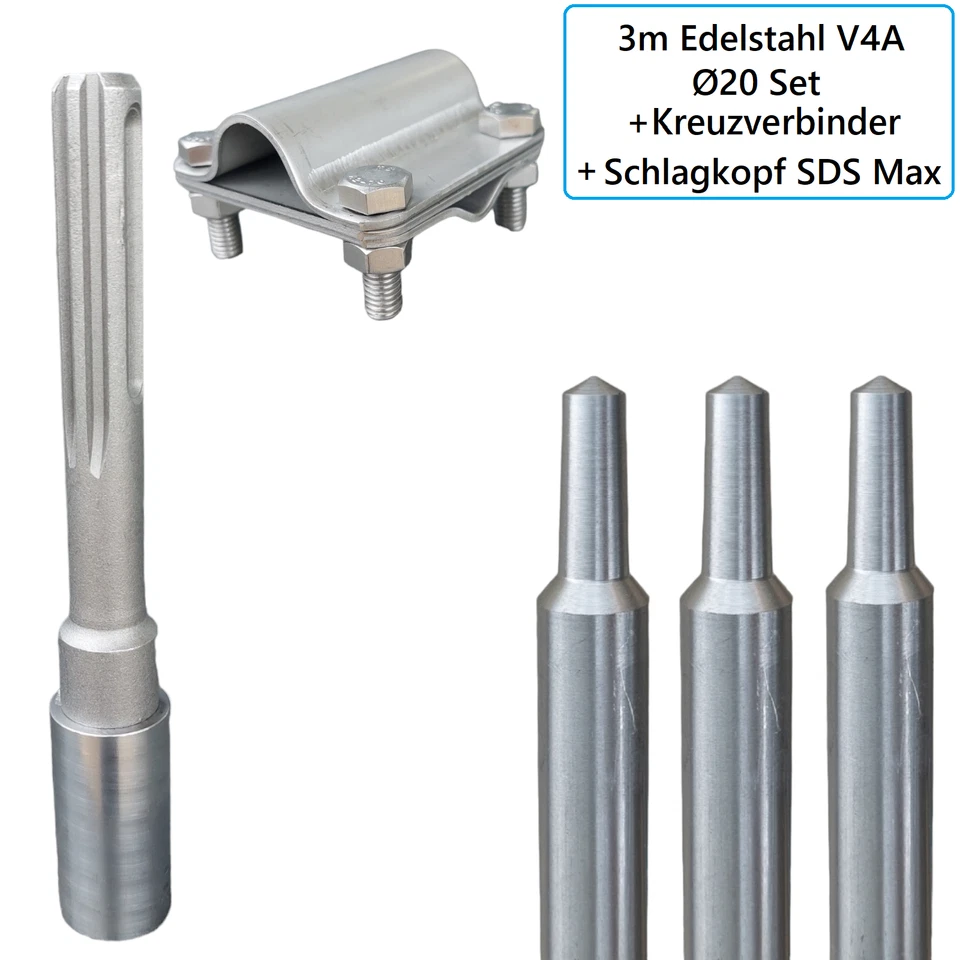 ✅ Tiefenerder Ø 20mm Edelstahl V4A Typ AH Blitzschutz Erdung Schlagkopf Klemme - Bild 3 von 4