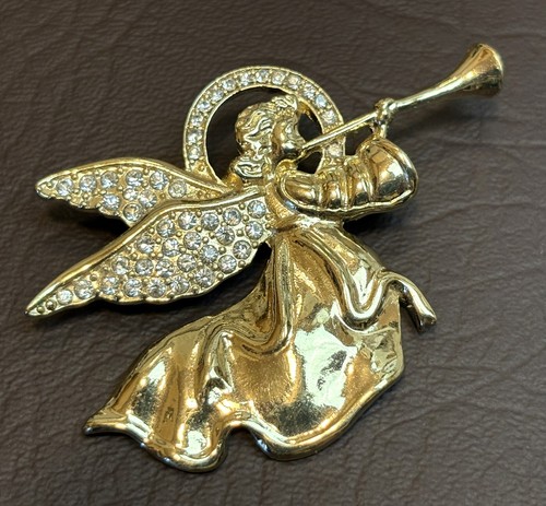 Napier Gold Tone Rhinestone Christmas Angel Horn Pin Brooch EXCELLENT