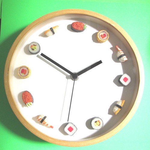 SUSHI CLOCK sashimi wall SMALL miniature round maple 8" glass novelty restaurant - Picture 2 of 7