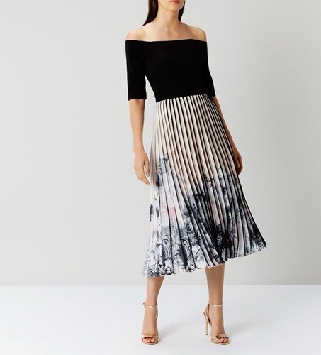 Coast Mirabeau Pleated Bardot Style Midi Floral Dress RRP £149 UK 10