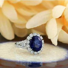 2.50Ct Oval Lab-Created Blue Sapphire Halo Engagement Ring 14K White Gold Plated