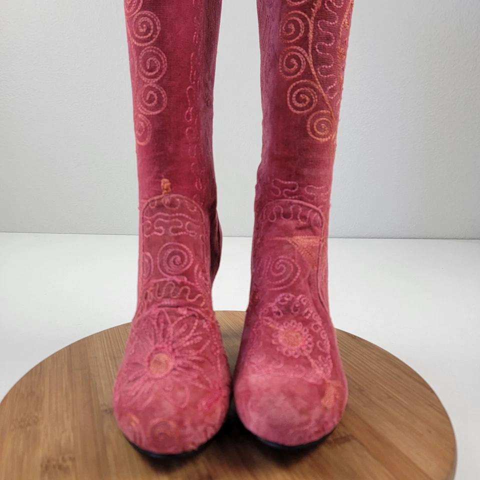 O' Suzani Embroidered OTK Tall Velvet Red Boots Over The Knee Shoes Sz 9 Heels  - Image 3 of 4