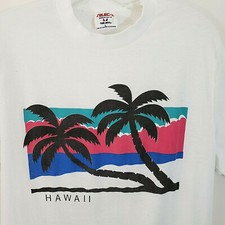 Vintage 1980s Hawaii T-Shirt Souvenir White Palm Trees Short Slvs 38" Chest