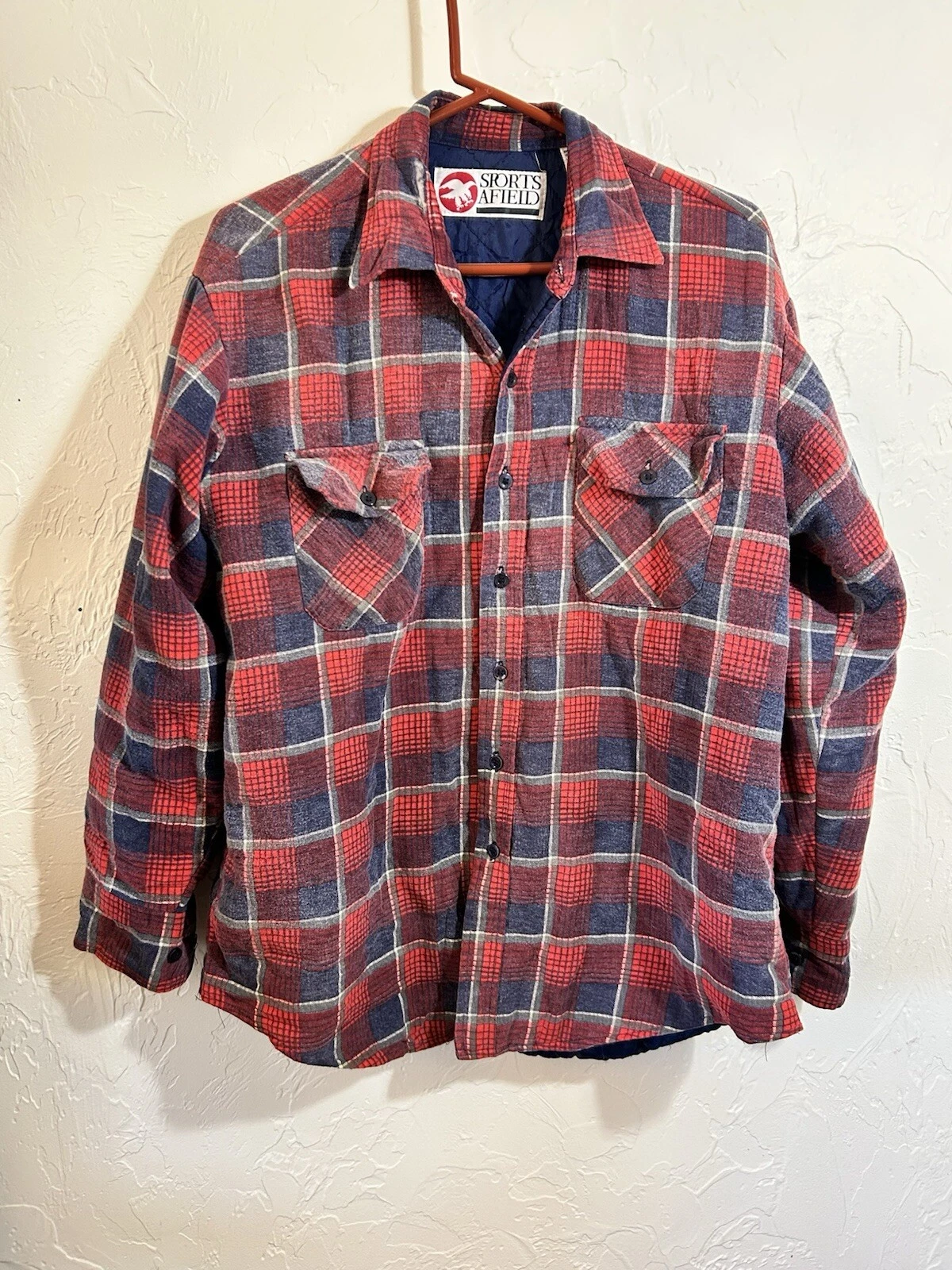 Sports Afield Quilted Shacket Men's Red Plaid Flannel Shirt Size Large