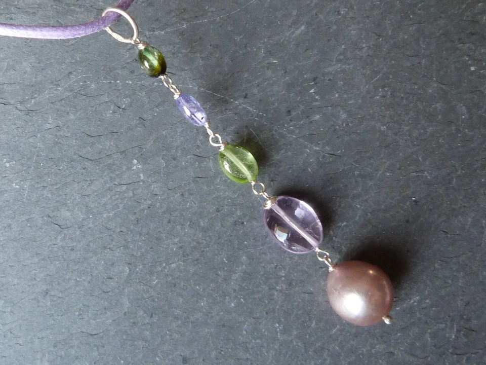 Pendente, Argento, Tormalina, Tanzanite, Peridoto, Ametista, Perla D'Acqua Dolce - Immagine 2 di 4