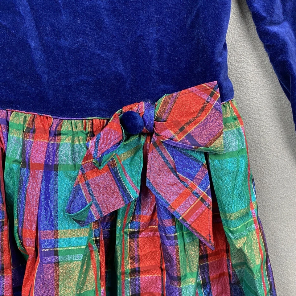 复古罕见版本女孩丝绒连衣裙 12 码格子长袖蕾丝蝴蝶结美国 — 第 3/4 张图片