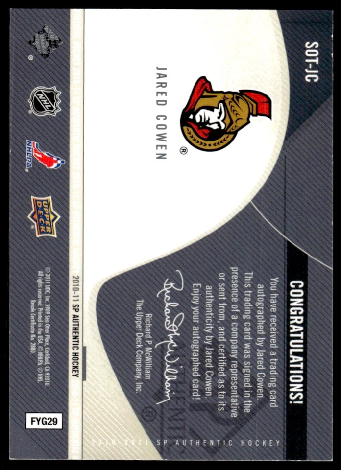 2010-11 SP Authentic Sign of the Times Jared Cowen Auto Ottawa Senators #SOT-JC - Image 2 of 2