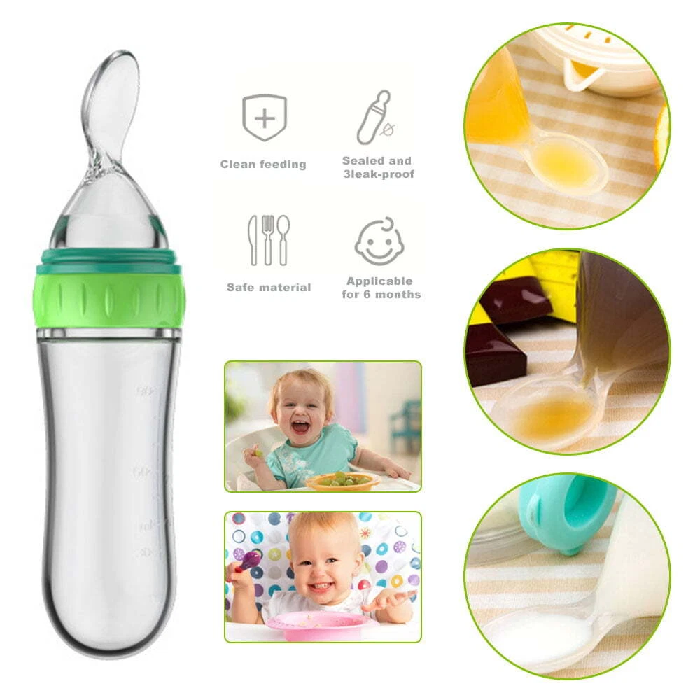 Baby Silicone Squeeze Feeding Bottle with Spoon Food Rice Cereal Feeder, Blue