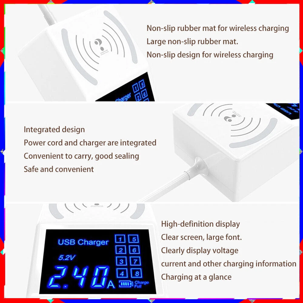 8-Port USB Hub with Wireless Charging Pad & Non-Slip Base 5V8A 8-Port USB Hub with Wireless Charging Pad & Non-Slip Base 5V8A