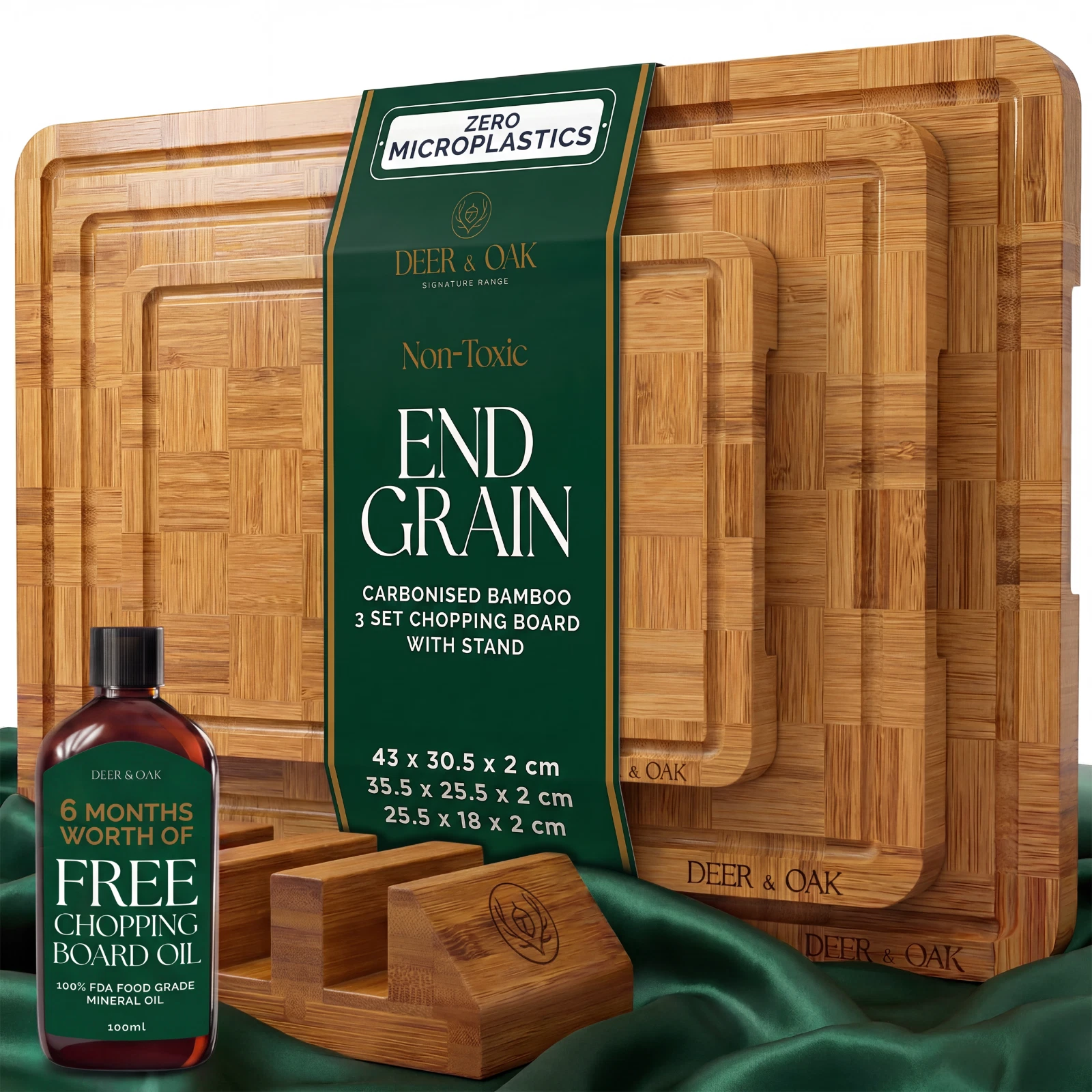 Deer & Oak Chopping Board Carbonised End Grain Checkered Striped Bamboo w/ Stand