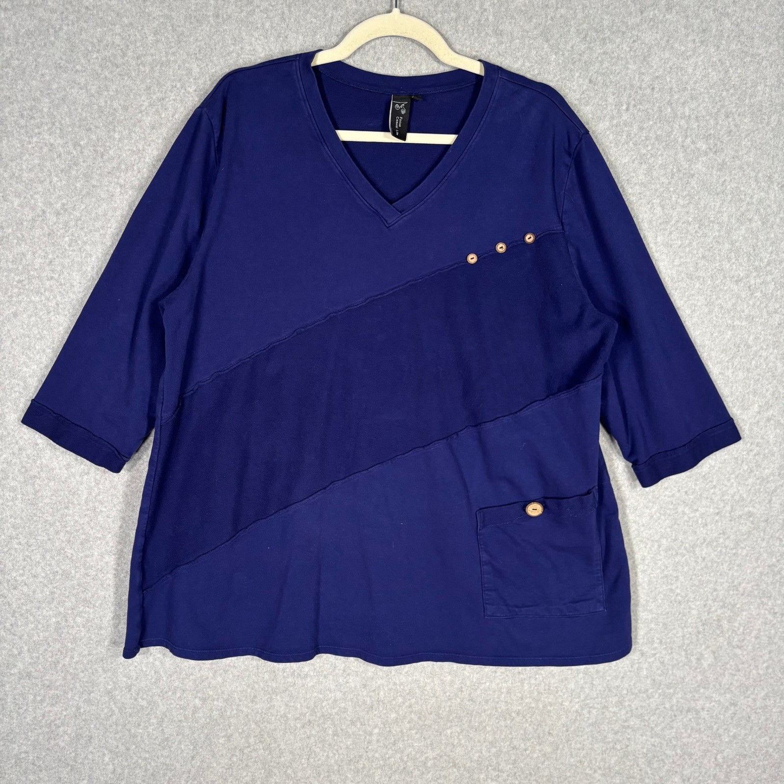 Focus Casual Life Asymmetric Tunic Top XL Navy Button Pocket Lagenlook Artsy