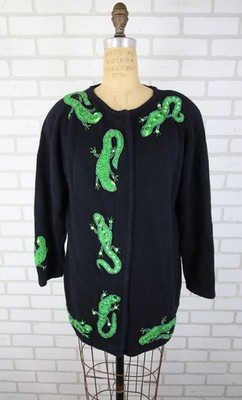Vintage Michael Simon Black Lizard Gecko Beaded Cardigan Knit Sweater Womens 1