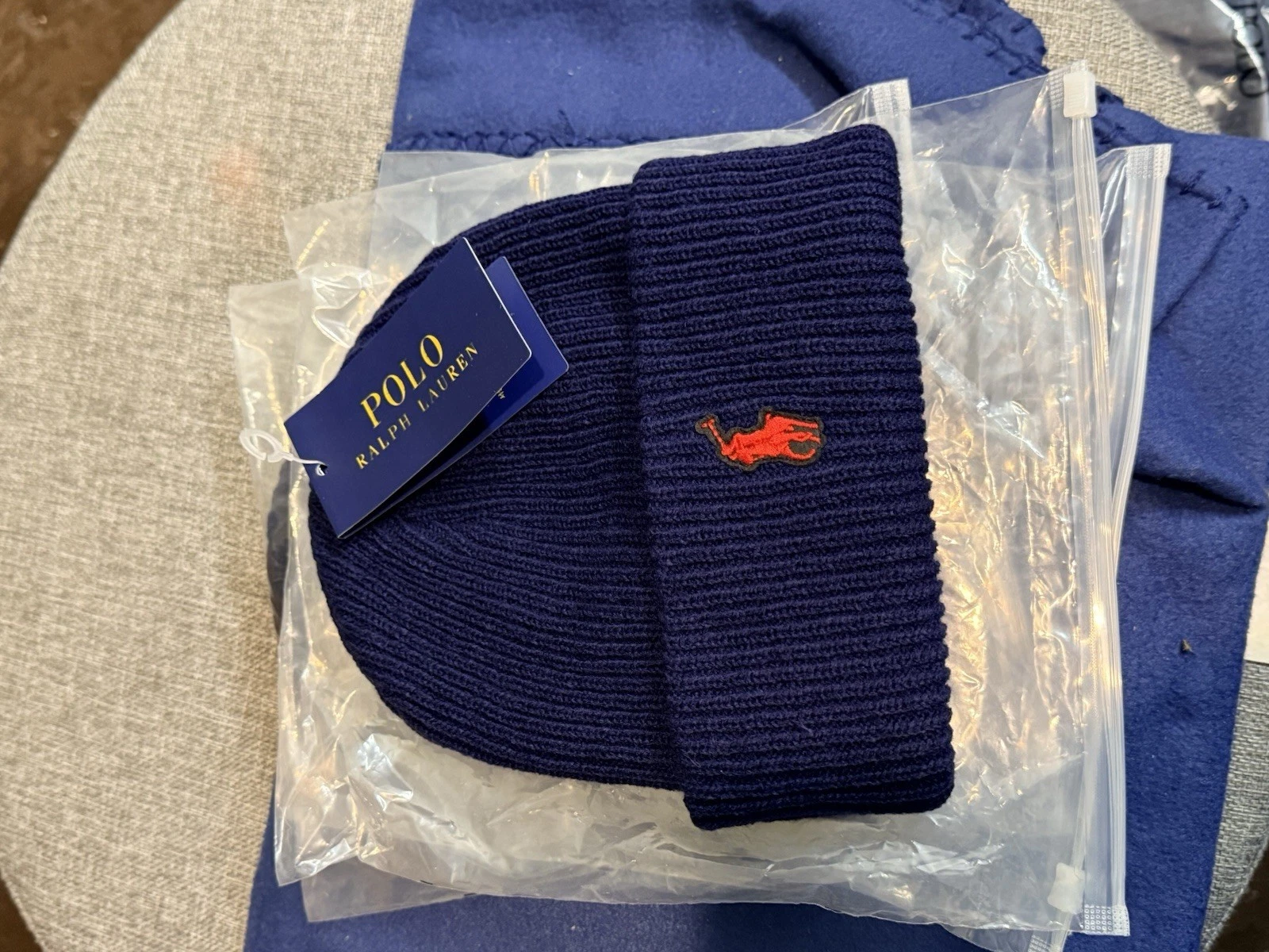 Polo Ralph Lauren Men's Big Pony Navy Blue Red Cuffed Beanie Hat