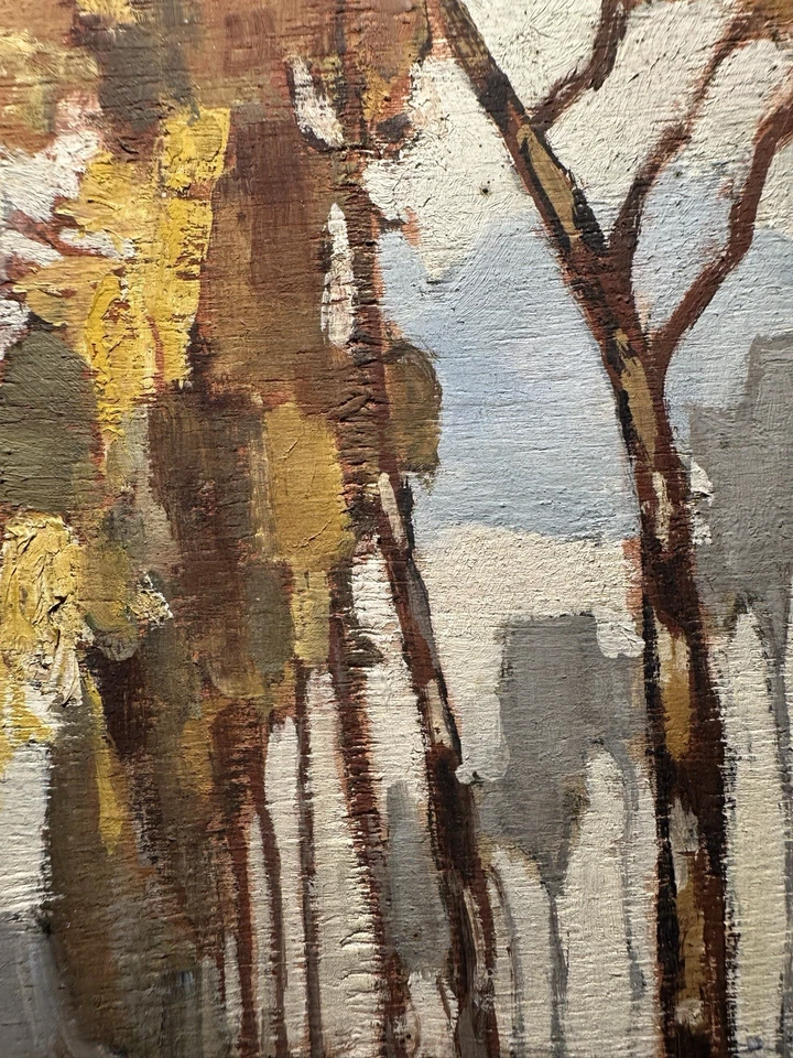 Peinture ancienne paysage rivière péniche peupliers huile sur panneau signée - Photo 3/4
