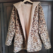 Vintage Women's Leopard Print Coat with Hood Front Pockets, Size XL