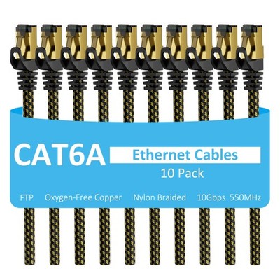 10 Pack 0.6FT Nylon Braided Slim Cat6 FTP Shielded Snagless Patch Cables