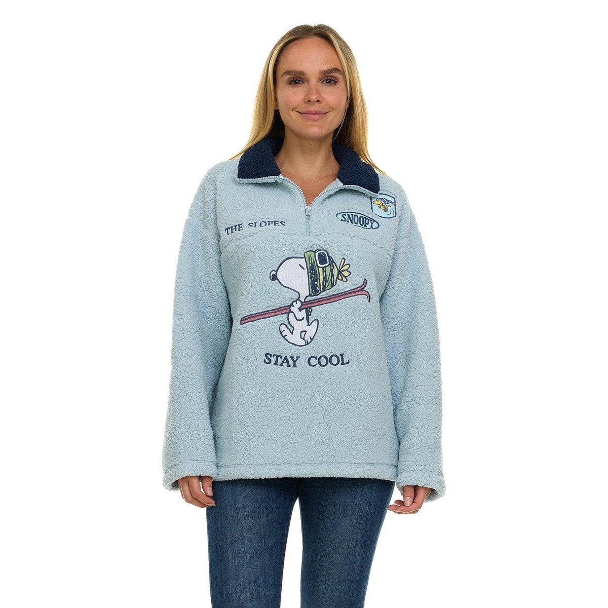 Peanuts Snoopy Women's Light Blue Sherpa Quarter-Zip Pullover