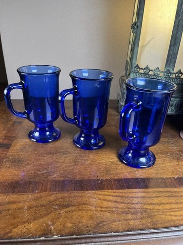 RARE VINTAGE ANCHOR HOCKING COBALT BLUE Irish Coffee Pedestal Mug 8oz Set Of 3
