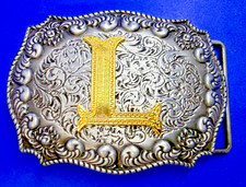 Custom Initial Letter L Monogram Two Tone Swirl Ornate Western Belt Buckle