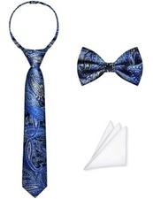 Pre-Tied Boys Set: Necktie, Bow Tie, Pocket Square  Adjustable Zipper Tie 