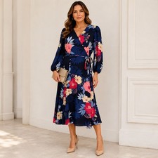 Eliza J Faux Wrap Midi Dress Womens 8 Navy Floral Wedding Cottage Garden Party