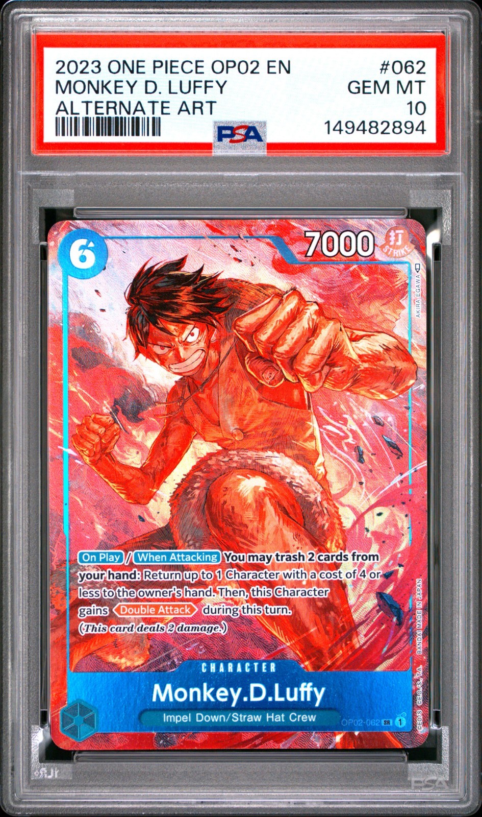 2023 ONE PIECE OP02-PARAMOUNT WAR ALTERNATE ART #062 MONKEY D. LUFFY PSA 10