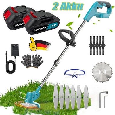 Akku Rasentrimmer mit 2x 3000mAh Akku und Ladegerät Freischneider Motorsense DE