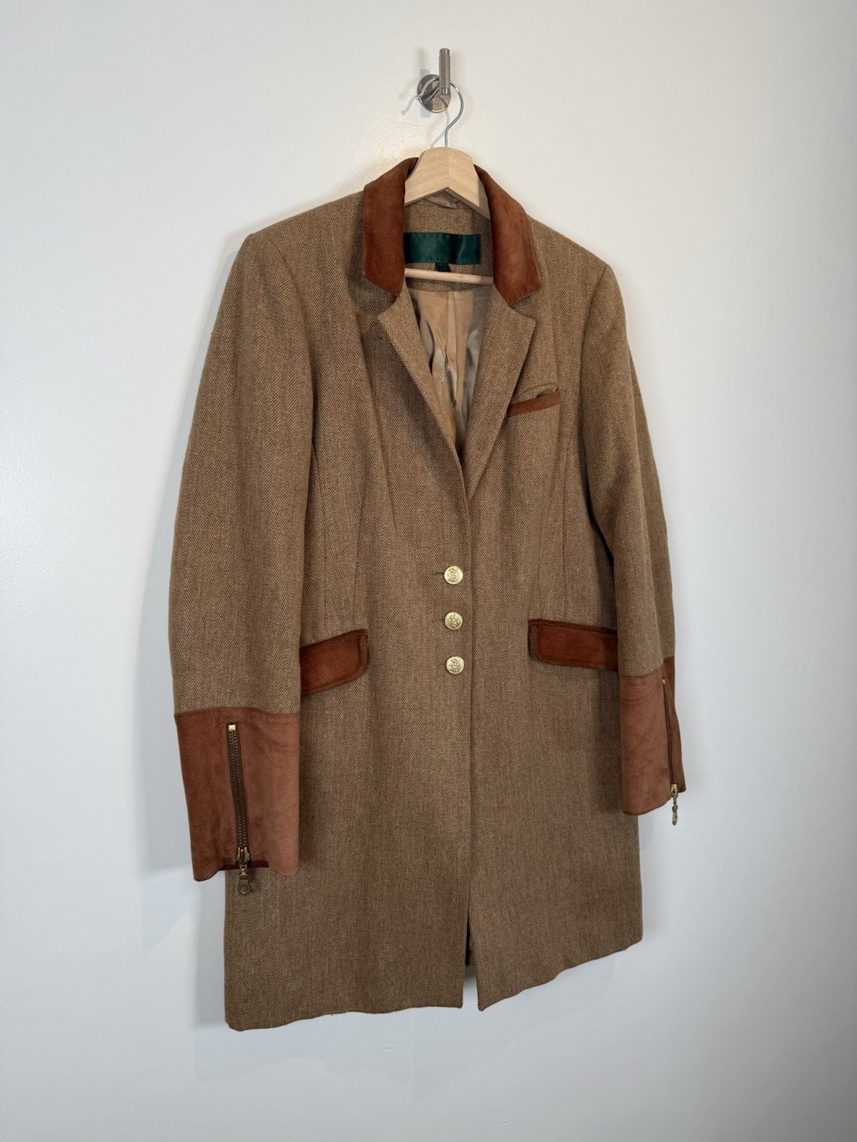 Holland Cooper Coat Size UK 16 Brown Tweed Wool Suede Long Blazer Jacket Country