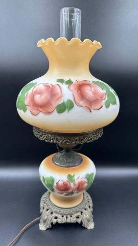 Vintage Hand Painted Floral Hurricane Parlor Milk Glass 3 Way Table Lamp 21"