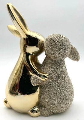 Rachel Zoe Gold & Glitter Easter Spring 2 Hugging Bunnies Figurine Rabbit  8''
