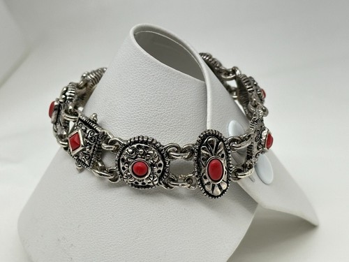 PREMIER DESIGNS Silvertone & Red Stone Inset Panel 7" Bracelet Magnetic Clasp - Picture 2 of 7