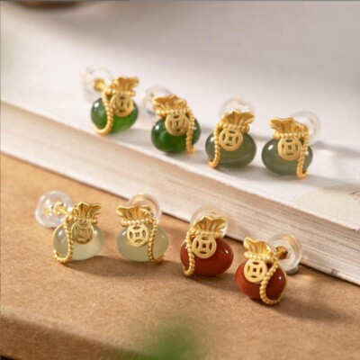 Natural Green HeTian Jade Red Agate Lucky Bag S925 Silver Fashion Stud Earrings