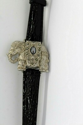 Montre Bracelet Dame HORA - Motif éléphant, Cadran Blanc Chiffres Romains, Bracelet Cuir Noir - Pile Neuve