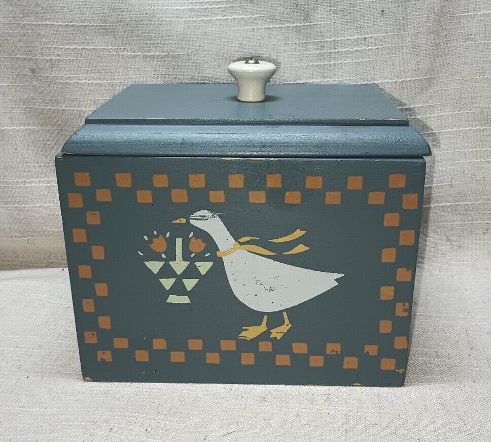 Vintage 80's Wooden Recipe Blue Box w/ Lid Country Goose 6 Vintage 80's Wooden Recipe Blue Box w/ Lid Country Goose 6