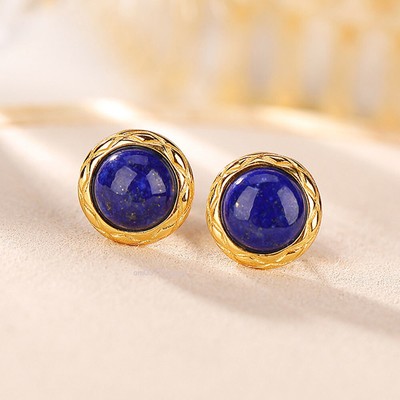 Gold Plated Real 925 Sterling Silver Natural Lapis Lazuli Round Earrings Stud