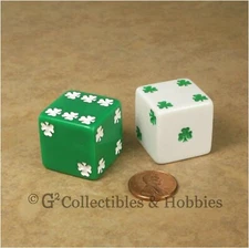 NEW 2 Lucky Shamrock Dice 25mm 1 inch Jumbo D6 Green & White Pair
