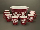 Hazel Atlas Milk Glass 9 pcs PUNCH BOWL SET Cups Burgundy White Holly Christmas